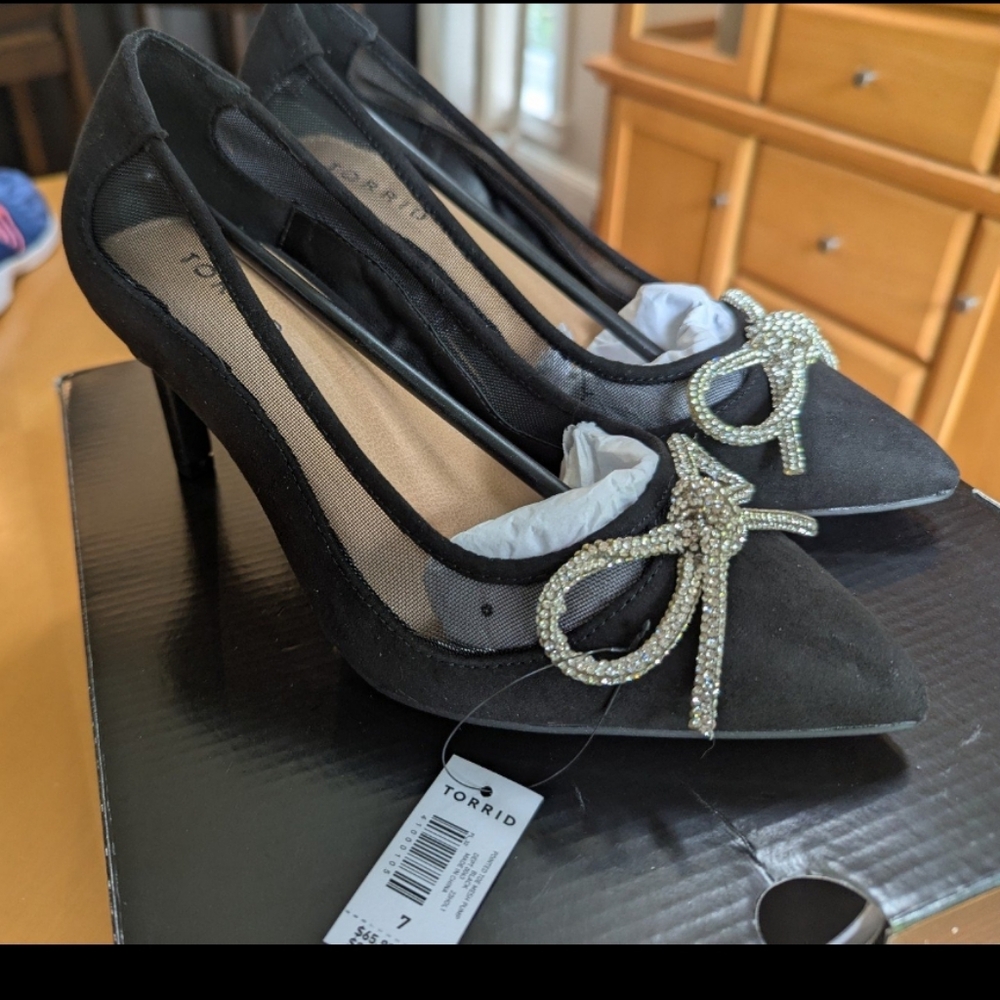 Torrid Black Heels with Glittering Gold Bow
